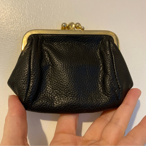 Elegant Double Black Leather Velvet lined Brass Coinpurse - Picture 1 of 10